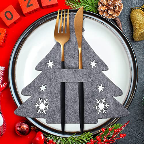 Besteckhalter Weihnachten Filz, 12 Stück Bestecktasche Tannenbaum Besteckbeutel Weihnachtsbaum Tischdeko, Grau Weihnachts Messer Gabeln Löffel Geschirr Besteck Taschen für Party Tisch Weihnachtsdeko von QUOHE