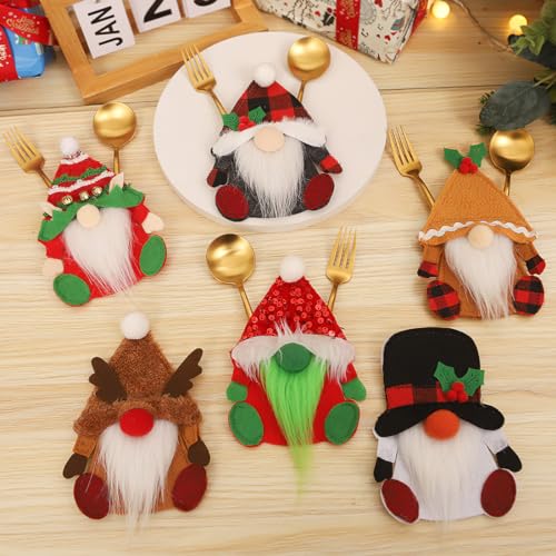 Besteckhalter Weihnachten Filz, Bestecktasche Weihnachtsmann Besteckbeutel Wichtel Elf Elch Tischdeko, 6 Stück Weihnachts Messer Gabeln Löffel Geschirr Besteck Taschen für Party Tisch Weihnachtsdeko von QUOHE