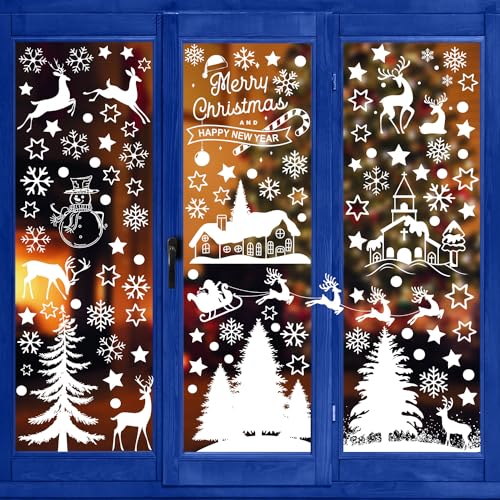 Fensterbilder Weihnachten Selbstklebend, Fenstersticker Weihnachts Fensterdeko Wiederverwendbar Statisch PVC Weihnachtsdeko, Kinder Winter Schneeflocken Deko Weiß Tür Fenster Aufkleber Groß (Style1) von QUOHE