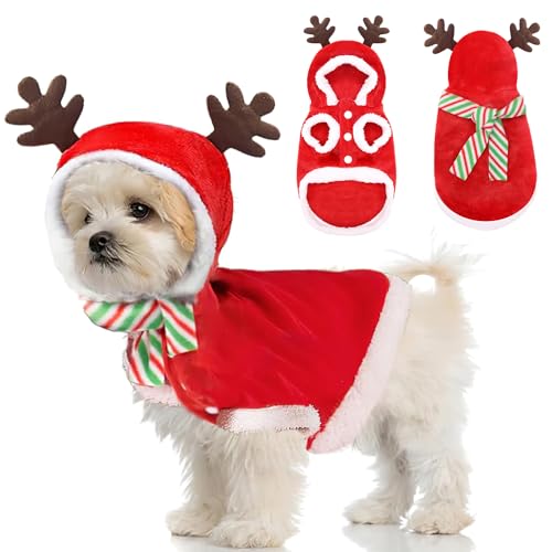 Hunde Katzen Weihnachtskostüm, Haustier Rentier Kostüm Weihnachten Kleidung Hundekleidung mit Schal, Rot Elch Geweih Katzenkostüm Katzenbekleidung Weihnachts Outfit Geschenk für Klein Hund Katze (L) von QUOHE