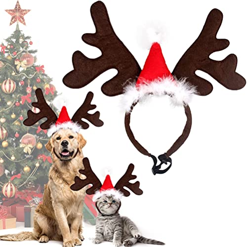Weihnachten Haustier Stirnband, Rentier Geweih Weihnachtskostüm Elch Kopfbedeckung Verstellbare Kopfschmuck Haarreif mit Weihnachtsmütze, Geschenk Kostüm Outfit für Hunde Katzen von QUOHE