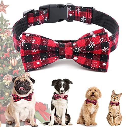 Weihnachten Halsband Hund Katze, Halsbänder mit Fliege Weihnachts Kariertes Kostüm Hundehalsband Abnehmbar Schleife, Rot Verstellbare Halsband Geschenk für Klein Mittlere Groß Hunde Katzen Welpen (L) von QUOHE