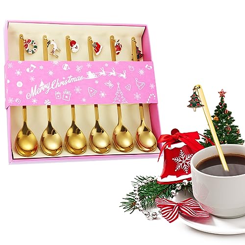 Weihnachtslöffel Set, 6 Stück Kaffeelöffel Edelstahl Geschenke Lang Löffel mit Weihnachtsanhänger Weihnachten Tischdeko, Weihnachtsbesteck Weihnachts Dessert Tee Rührlöffel mit Geschenkbox (Gold) von QUOHE