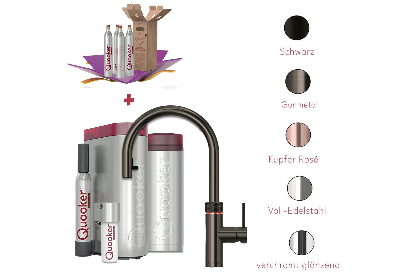 QUOOKER Küchenarmatur Quooker PRO3 & CUBE, Flex inkl. Cube-Filter (4x CO₂ gratis) (Spar-Set, Armatur mit PRO3 und CUBE für kochendes, gekühltes, sprudelndes Wasser) Kochendwasser, Sprudel, stilles wasser, Kindersicherung, Flexschlauch von QUOOKER