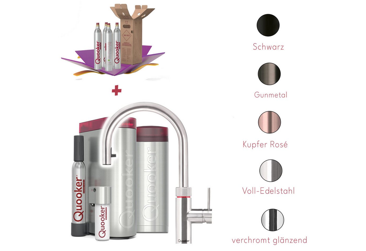 QUOOKER Küchenarmatur Quooker PRO3 & CUBE, Flex inkl. Cube-Filter (4x CO₂ gratis) (Spar-Set, Armatur mit PRO3 und CUBE für kochendes, gekühltes, sprudelndes Wasser) Kochendwasser, Sprudel, stilles wasser, Kindersicherung, Flexschlauch von QUOOKER