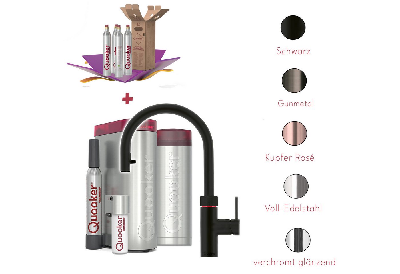 QUOOKER Küchenarmatur Quooker PRO3 & CUBE, Flex inkl. Cube-Filter (4x CO₂ gratis) (Spar-Set, Armatur mit PRO3 und CUBE für kochendes, gekühltes, sprudelndes Wasser) Kochendwasser, Sprudel, stilles wasser, Kindersicherung, Flexschlauch von QUOOKER