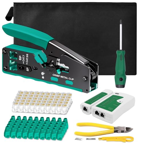 Netzwerk Werkzeug Set,RJ45 Crimpzange für Cat5 Cat6 Cat7 mit 50 x Kabel Stecker,Abisolierzange,Netzwerktester, RJ45/RJ11/RJ12 Netzwerk Reparatur Kit Pass Through RJ45 Crimpzange Set von QUOTRE