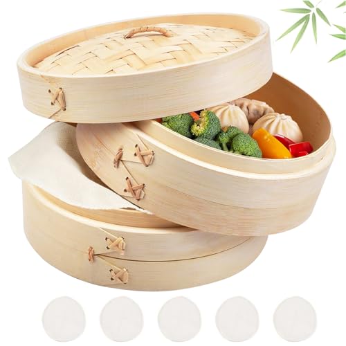 QUOTRE Steamer Bamboo 20 cm 2 Tier Bamboo Steamer for Rice, Dim Sum, Vegetables, Fish and Meat - Dumpling Maker with 5 Cotton Cloths von QUOTRE