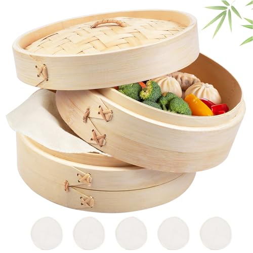 Steamer Bamboo 20 cm 2 Tier Bamboo Steamer for Rice, Dim Sum, Vegetables, Fish and Meat - Dumpling Maker with 5 Cotton Cloths von QUOTRE