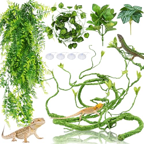 Hängepflanze Terrarium Zubehör, QUOZUO Künstliche Pflanzen Reptilien Terrarium Kletterreben Blätter, kunstpflanze hängend, Chamäleon Terrarium Deko für Eidechsen, Schlangen von QUOZUO