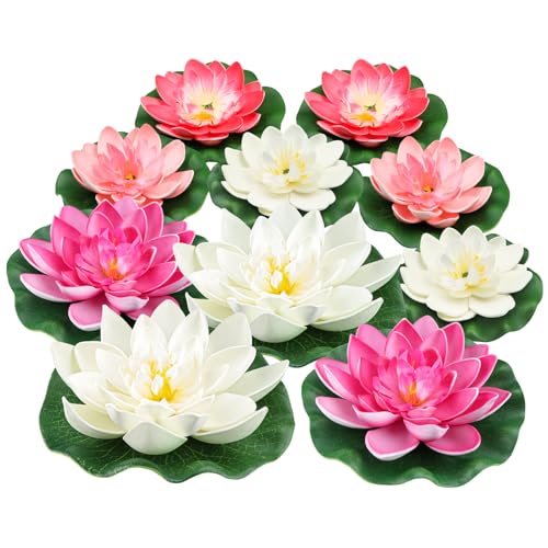 QUOZUO 10 Stück Schaum Seerose Blume Schwimmende Blumen Künstliche Seerosen Wasserlilie Pflanze Lotusblüte für Aquarium Terrasse Garten Pool Garten (rot weiß) von QUOZUO