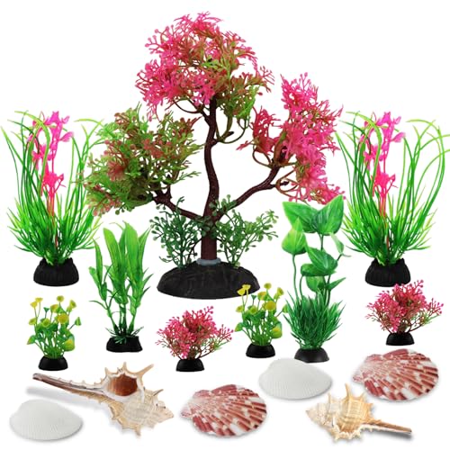 QUOZUO 15 Stück Aquarium Pflanzen Dekoration, Bunt Aquarium Kunststoffpflanzen mit Natural Seashells, Fisch Tank aquariumpflanzen von QUOZUO