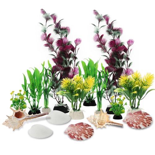 QUOZUO 16 Stück Pflanzen Aquariumdekor, Aquarium Dekoration Bunt Plastikpflanzen mit Natural Seashells, Aquarium Pflanzen fur Aquarium von QUOZUO