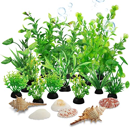 QUOZUO 25 Stück Aquarium Dekoration grün Plastikpflanzen mit Natural Seashells, Aquarium Pflanzen Deko, Aquarium Pflanzen fur Aquarium von QUOZUO