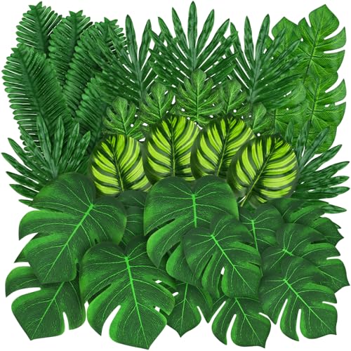 QUOZUO 50 Stück Tropische Blätter Dekorationen, Grün Palm Blätter Künstlich Monstera Pflanze Palmenblätte mit Stielen für Dschungel Dekorationen Strand Geburtstag Luau Hawaiian Dekorationen von QUOZUO