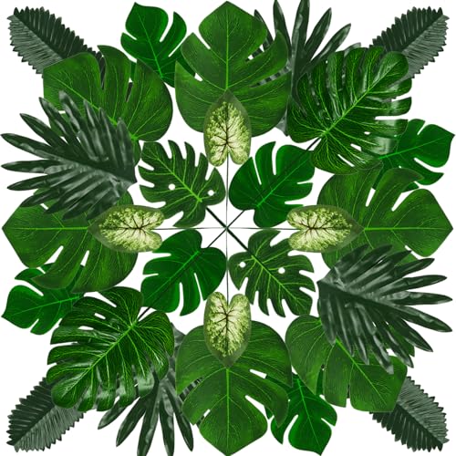 QUOZUO 50 Stück Tropische Palm Blätter Monsterablätter Pflanze, Plastikpalmenblätter, künstliche Palmenblätter für Hawaiische Luau Dschungel Tischdekoration von QUOZUO