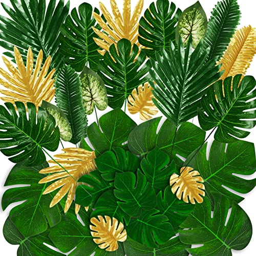 QUOZUO 78 Stück Monstera Pflanze Tropische Blätter, Palmblätter mit Stielen, Künstliche Palmenblätter Deko, Monsterablätter für Dschungel Strand Geburtstag Luau Hawaiian Dekorationen von QUOZUO