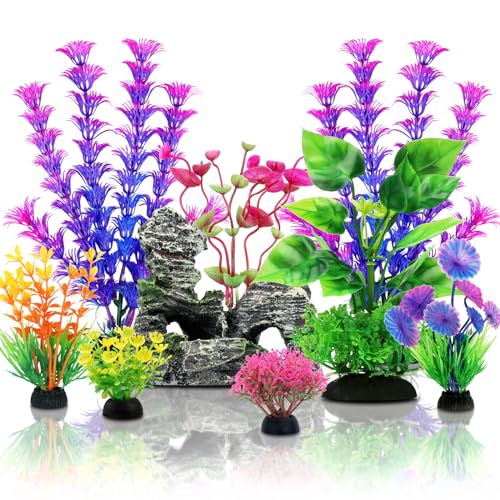 QUOZUO 9 Stück Aquarium Dekoration künstliche Pflanzen mit Harz Höhle Fisch Tank Ornament zubehoer, Aquarium Pflanzen Dekoration von QUOZUO