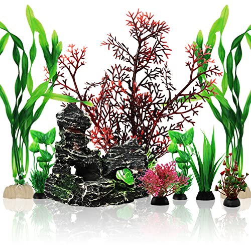 QUOZUO 9 Stück Aquarium Pflanzen Deko, künstliche aquariumpflanzen, plastikpflanzen Dekoration mit Höhle Ornament Verstecke Fuer Aquarium, Aquariumdekor von QUOZUO