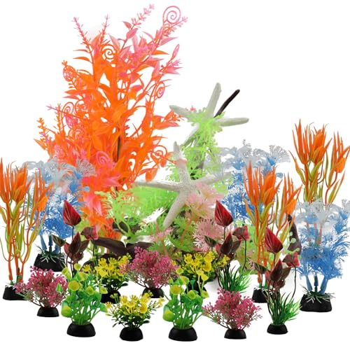 QUOZUO Aquarium Pflanzen Deko, 21 Stück künstliche aquariumpflanzen, plastikpflanzen Dekoration Fuer Aquarium, bunt Kunstpflanzen Aquariumdekor von QUOZUO