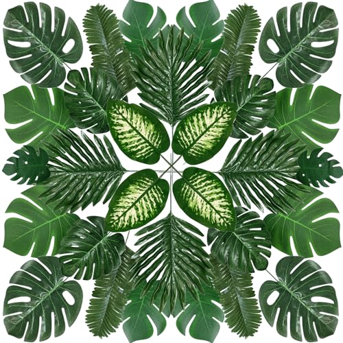 QUOZUO Tropische Pflanze Palm Blätter Monsterablätter, 98 Stück 8 Arten Plastikpalmenblätter mit Stielen, künstliche Palmenblätter für Hawaiische Luau Dschungel Tischdekoration von QUOZUO