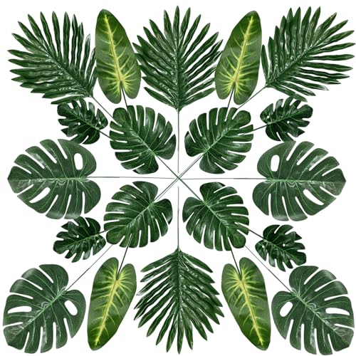 QUOZUO 60 Stück 5 Arten künstliche Palmenblätter mit Stielen, Tropische Pflanze Palm Blätter Monsterablätter, Plastikpalmenblätter für Hawaiische Luau Dschungel Tischdekoration von QUOZUO