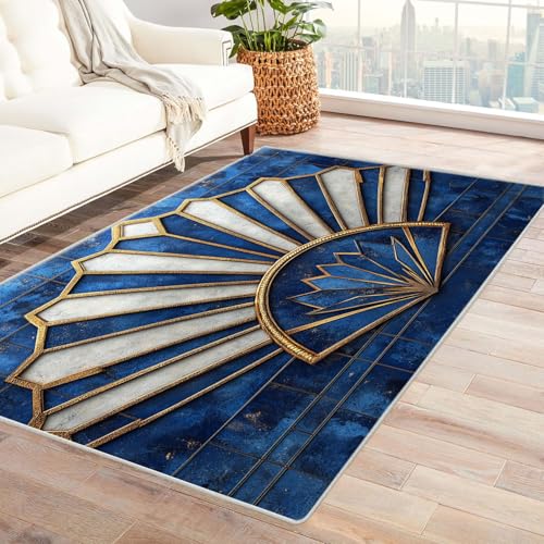 QUSAAOU Abstrakte Gewaschenes Teppich, Blau-goldenes FächerMuster Abstraktem Gelbem Spritz Design, Perfekt für Wohnzimmer, BüRo Oder Schlafzimmer Dekor-90x150cm von QUSAAOU