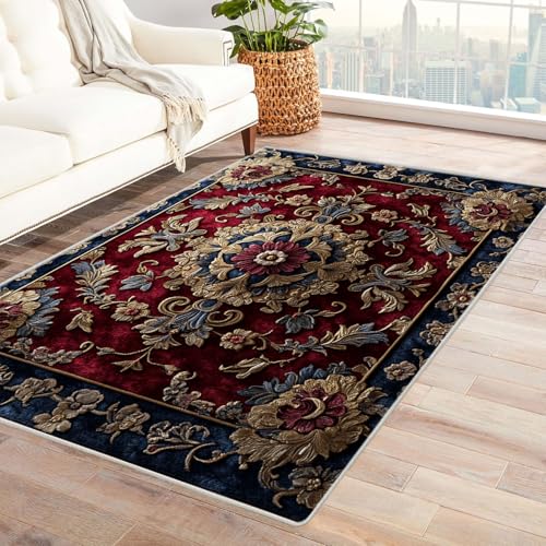 QUSAAOU Abstrakte Gewaschenes Teppich, Blume Kunst-Design Anti-Rutsch Küchenmatte Wohnzimmer Veranda Matte Leicht zu Reinigen Weiche Bequeme Teppich(Rot)-60x90cm von QUSAAOU