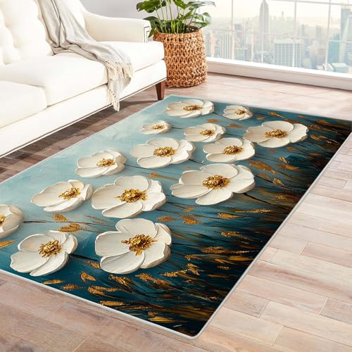 QUSAAOU Abstrakte Gewaschenes Teppich, Blume Kunst-Design Anti-Rutsch Küchenmatte Wohnzimmer Veranda Matte Leicht zu Reinigen Weiche Bequeme Teppich(Weiß)-240x300cm von QUSAAOU