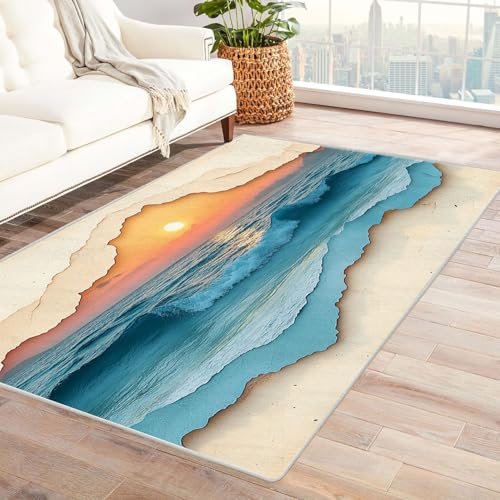 QUSAAOU Abstrakte Gewaschenes Teppich, Sonnenuntergangsmeer-Collage Abstraktem Gelbem Spritz Design, Perfekt für Wohnzimmer, BüRo Oder Schlafzimmer Dekor-150x210cm von QUSAAOU