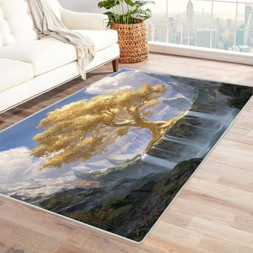 QUSAAOU Abstrakte Gewaschenes Teppich Goldener Wasserfallbaum Baum des Lebens rutschfest Teppiche Ideal für Wohnzimmer, Schlafzimmer Dekor Heimakzent(Gold 101)-180x240cm von QUSAAOU