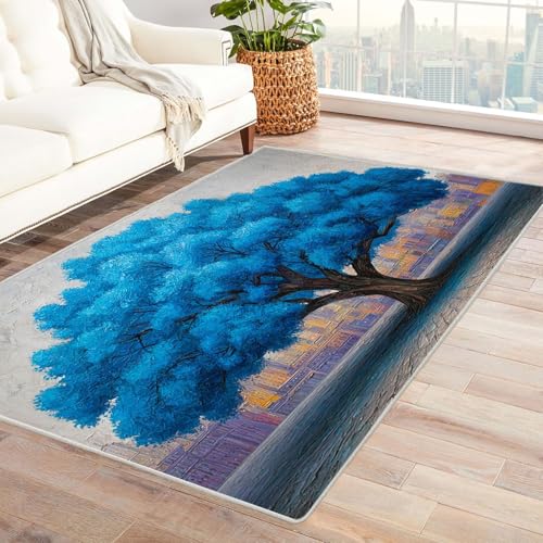 QUSAAOU Abstrakte Gewaschenes Teppich Urban Blue Tree Baum des Lebens rutschfest Teppiche Ideal für Wohnzimmer, Schlafzimmer Dekor Heimakzent(Blau 191)-150x210cm von QUSAAOU