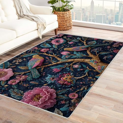 QUSAAOU Abstrakte Gewaschenes Teppich Vogel Blume Baum Baum des Lebens rutschfest Teppiche Ideal für Wohnzimmer, Schlafzimmer Dekor Heimakzent(Multi 266)-150x180cm von QUSAAOU