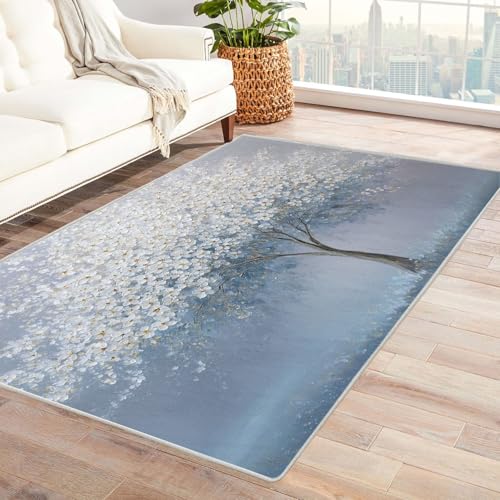 QUSAAOU Abstrakte Gewaschenes Teppich Weißer Blütenbaum Baum des Lebens rutschfest Teppiche Ideal für Wohnzimmer, Schlafzimmer Dekor Heimakzent(Weiß 176)-150x240cm von QUSAAOU