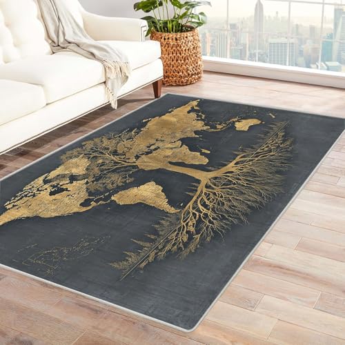 QUSAAOU Abstrakte Gewaschenes Teppich Weltkartenbaum Baum des Lebens rutschfest Teppiche Ideal für Wohnzimmer, Schlafzimmer Dekor Heimakzent(Gold 161)-150x240cm von QUSAAOU