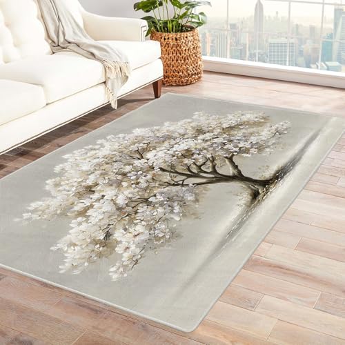 QUSAAOU Abstrakte Teppich Beiger Blumenbaum Kunst-Design Anti-Rutsch Küchenmatte Wohnzimmer Veranda Matte Leicht zu Reinigen Weiche Bequeme Teppich(Beige 137)-150x210cm von QUSAAOU