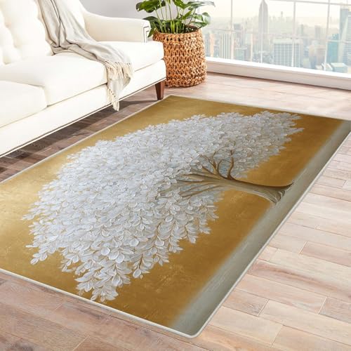 QUSAAOU Abstrakte Teppich Goldener weißer Baum Kunst-Design Anti-Rutsch Küchenmatte Wohnzimmer Veranda Matte Leicht zu Reinigen Weiche Bequeme Teppich(Weiß 152)-180x240cm von QUSAAOU