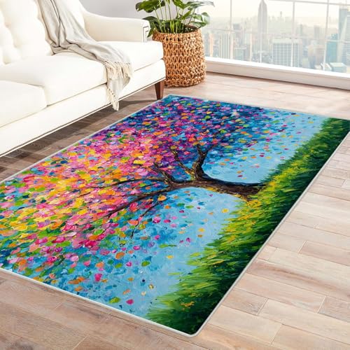 QUSAAOU Abstrakte Teppich Heller Farbbaum Kunst-Design Anti-Rutsch Küchenmatte Wohnzimmer Veranda Matte Leicht zu Reinigen Weiche Bequeme Teppich(Multi 287)-120x150cm von QUSAAOU