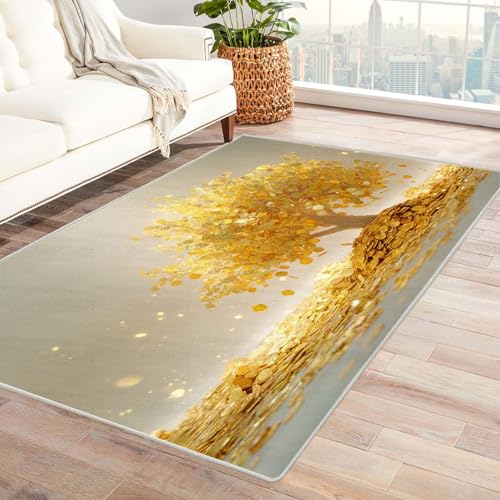 QUSAAOU Abstrakte Teppich Münze Goldbaum Kunst-Design Anti-Rutsch Küchenmatte Wohnzimmer Veranda Matte Leicht zu Reinigen Weiche Bequeme Teppich(Gold 167)-150x210cm von QUSAAOU
