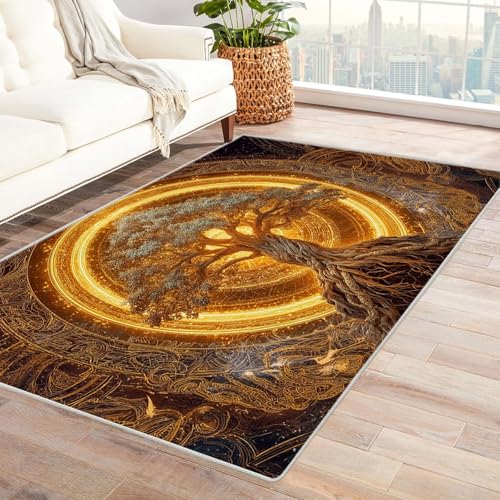 QUSAAOU Abstrakte Teppich Mystischer Goldener Baum Kunst-Design Anti-Rutsch Küchenmatte Wohnzimmer Veranda Matte Leicht zu Reinigen Weiche Bequeme Teppich(Gold 182)-150x240cm von QUSAAOU