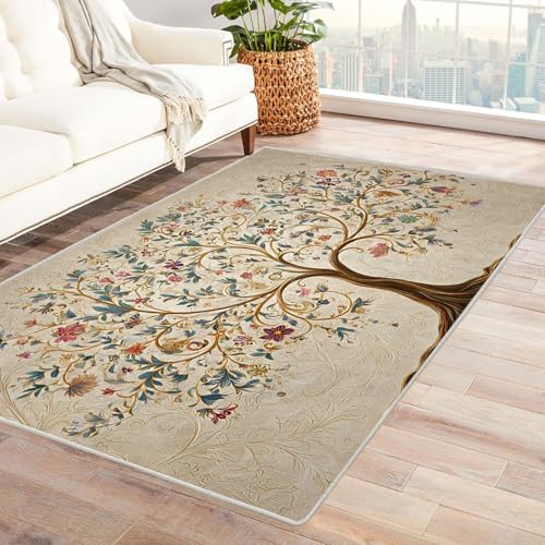 QUSAAOU Abstrakte Teppich Verzierter Blumenbaum Kunst-Design Anti-Rutsch Küchenmatte Wohnzimmer Veranda Matte Leicht zu Reinigen Weiche Bequeme Teppich(Multi 122)-150x210cm von QUSAAOU