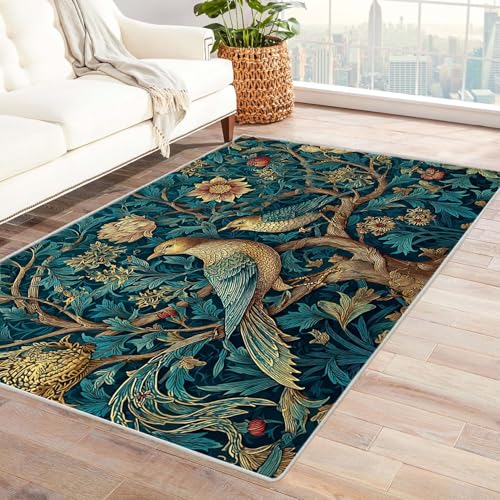 QUSAAOU Abstrakte Teppich Vögel im Baum Kunst-Design Anti-Rutsch Küchenmatte Wohnzimmer Veranda Matte Leicht zu Reinigen Weiche Bequeme Teppich(Multi 107)-150x210cm von QUSAAOU