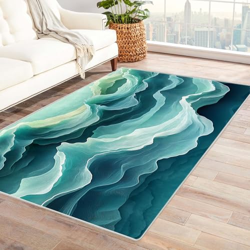 QUSAAOU Abstrakter Kunststil Bereich Matte rutschfeste Unterseite, Blau-grüne Welle Kunst-Design Anti-Rutsch Küchenmatte Wohnzimmer Veranda Matte Leicht zu Reinigen Weiche Bequeme Teppich-180x270cm von QUSAAOU