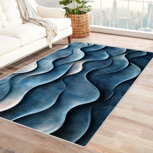 QUSAAOU Abstrakter Kunststil Bereich Matte rutschfeste Unterseite, Blaue wellige Textur Kunst-Design Anti-Rutsch Wohnzimmer Veranda Matte Leicht zu Reinigen Weiche Bequeme Teppich-120x180cm von QUSAAOU