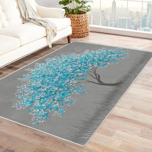 QUSAAOU Abstrakter Kunststil Bereich Matte rutschfeste Unterseite Blauer Blumenbaum Abstrakter Kunststil Bereich Matte rutschfeste Unterseite(Blau 121)-240x300cm von QUSAAOU