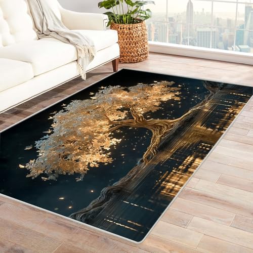QUSAAOU Abstrakter Kunststil Bereich Matte rutschfeste Unterseite Leuchtender Goldener Baum Abstrakter Kunststil Bereich Matte rutschfeste Unterseite(Gold 181)-150x210cm von QUSAAOU