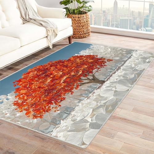 QUSAAOU Abstrakter Kunststil Bereich Matte rutschfeste Unterseite Rot-Weiß-Baum Abstrakter Kunststil Bereich Matte rutschfeste Unterseite(Rot 106)-60x90cm von QUSAAOU