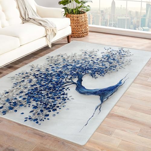 QUSAAOU Abstrakter Matte rutschfeste Unterseite Blau-Weiß-Baum Baum des Lebens Design Teppiche Perfekt für Wohnzimmer, BüRo Oder Schlafzimmer-Dekor(Blau 100)-150x180cm von QUSAAOU