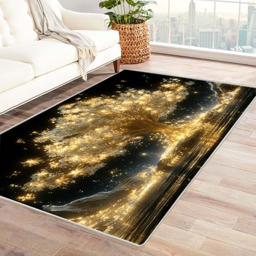QUSAAOU Abstrakter Matte rutschfeste Unterseite Goldener Glitzerbaum Baum des Lebens Design Teppiche Perfekt für Wohnzimmer, BüRo Oder Schlafzimmer-Dekor(Gold 265)-150x210cm von QUSAAOU