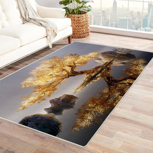 QUSAAOU Abstrakter Matte rutschfeste Unterseite Goldener Seebaum Baum des Lebens Design Teppiche Perfekt für Wohnzimmer, BüRo Oder Schlafzimmer-Dekor(Gold 175)-150x210cm von QUSAAOU
